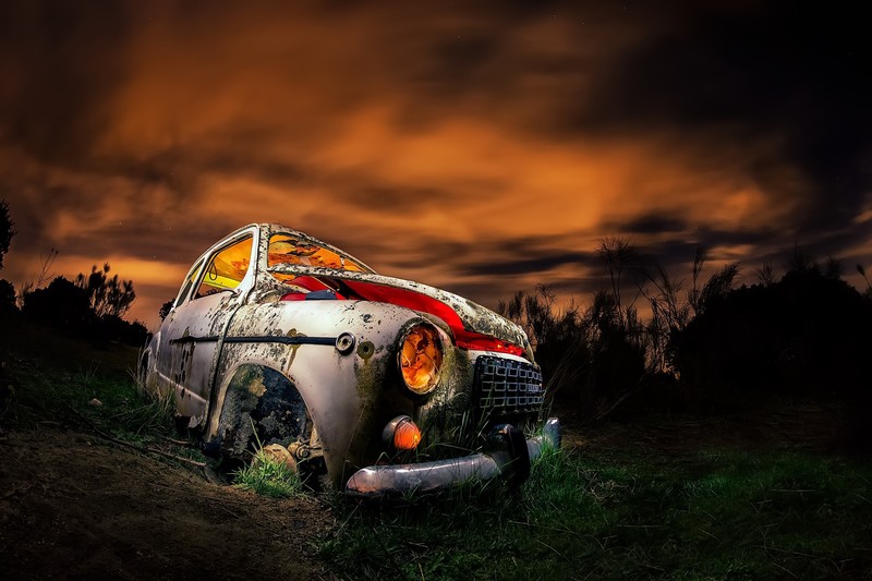 sky, car, dark, vehicle, wreck