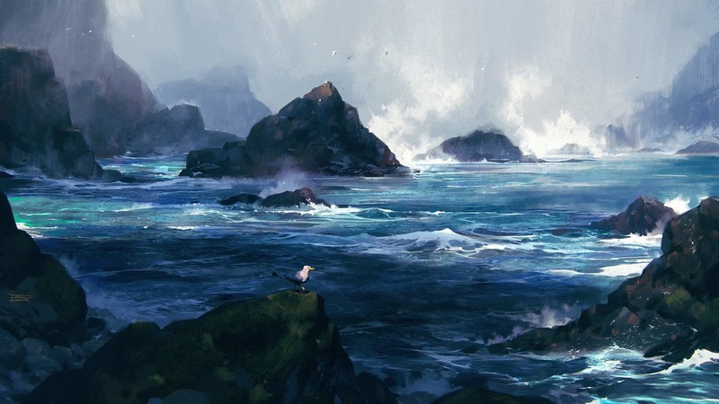 artwork, digital art, sea, waves, seagulls, birds