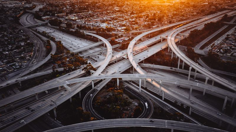road junction, interchange road, roads, fork, sunset, city, los angeles, 4k