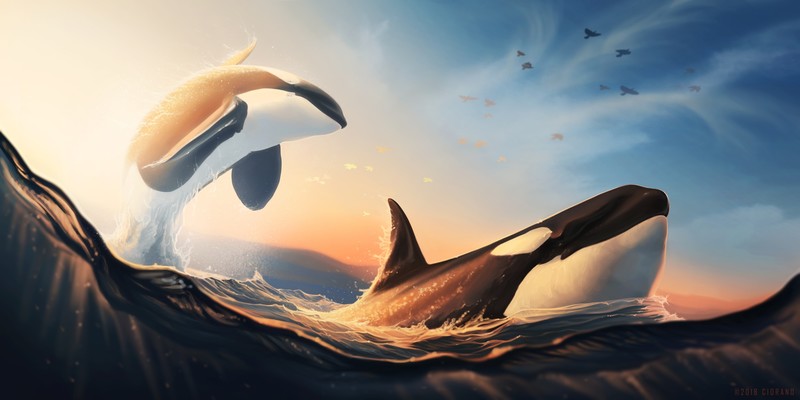 animals, whale, sea, nature, mammals, artwork, orca, birds