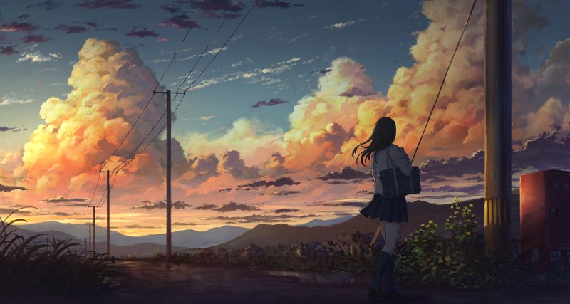 anime, anime girls, sky, clouds, summer, sunset, power lines, miniskirt, outdoors, moescape