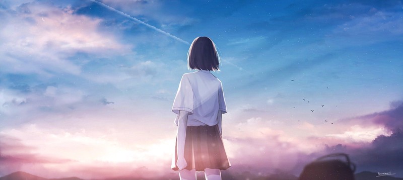 anime, anime girls, original characters, short hair, dark hair, sky, clouds, outdoors, moescape