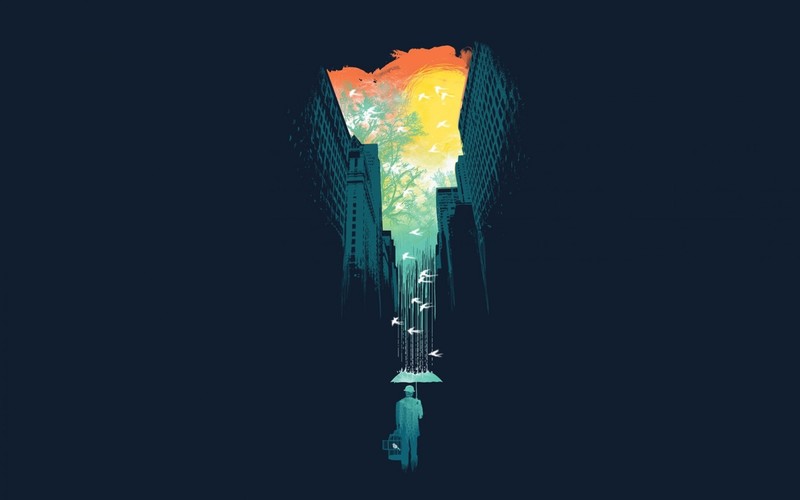 artwork, abstract, rain, city, birds, digital, digital art, minimalism