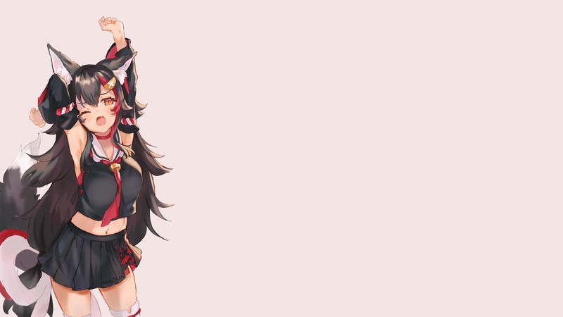 anime, anime girls, simple background, animal ears, kitsunemimi, miniskirt, Fox ears, bare midriff, yawning, open mouth, orange eyes, Ookami Mio, Hololive, Virtual Youtuber