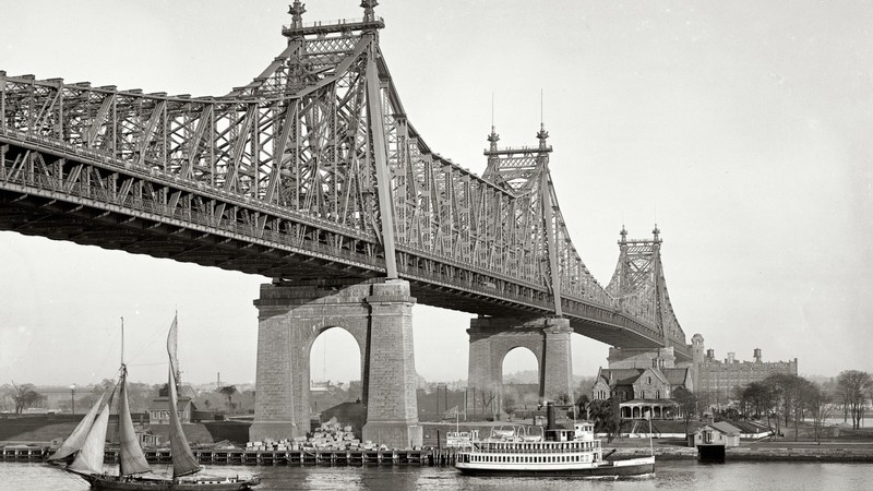 ship, photography, water, monochrome, bridge, sailing ship, old photos, New York City, Queensboro Bridge, USA