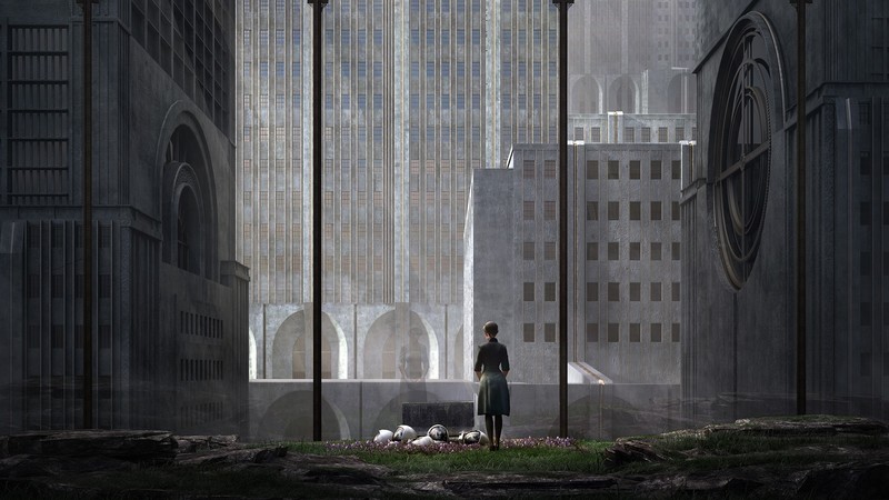 artwork, digital art, fantasy art, Jie Ma, women, cityscape, building, window