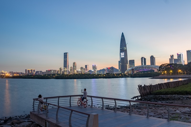 architecture, building, photography, Shenzhen, China, skyscraper, evening, lights, lake, cityscape, stones