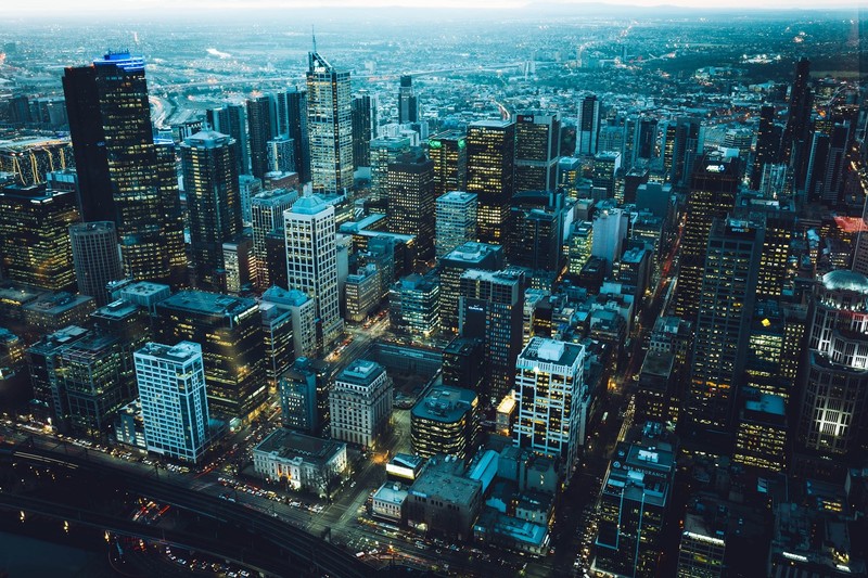 city, cityscape, building, skyscraper, city lights, Melbourne, Australia, cyan