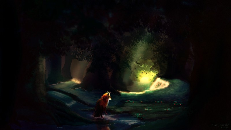 digital art, forest, trees, fantasy art, illustration, painting, animals, fox, dark, Skysurie