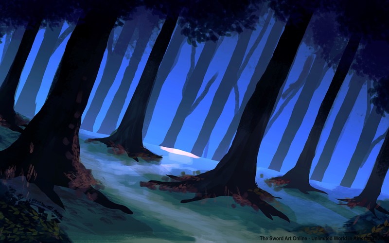 digital art, forest, trees, fantasy art, illustration, painting, night, Ming Ren, blue