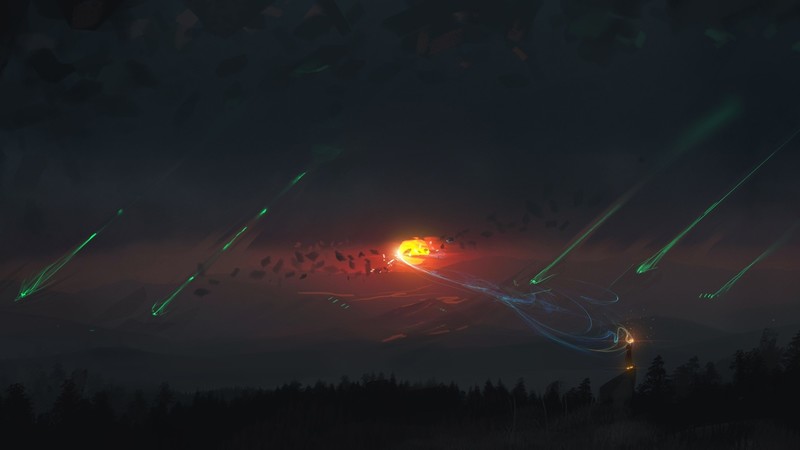 digital art, forest, trees, fantasy art, illustration, painting, sunset, mountains, light trails, dark