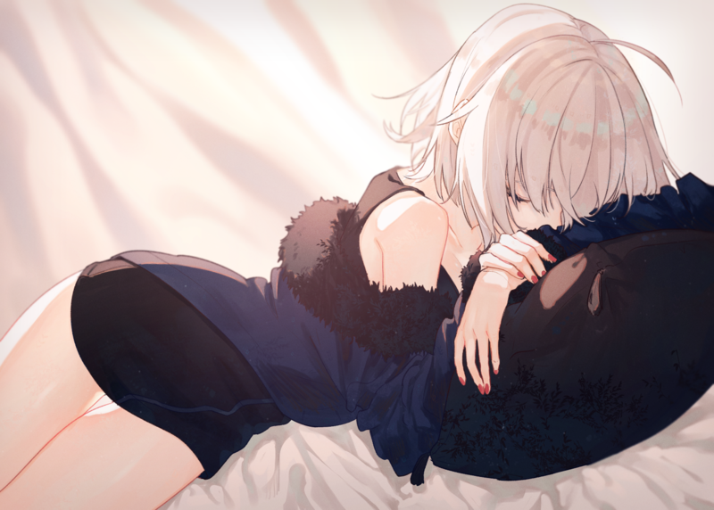 Fate/Grand Order, Jeanne (Alter) (Fate/Grand Order), anime girls, anime, painted nails, FGO, Fate Series, closed eyes, white hair, thigh-highs