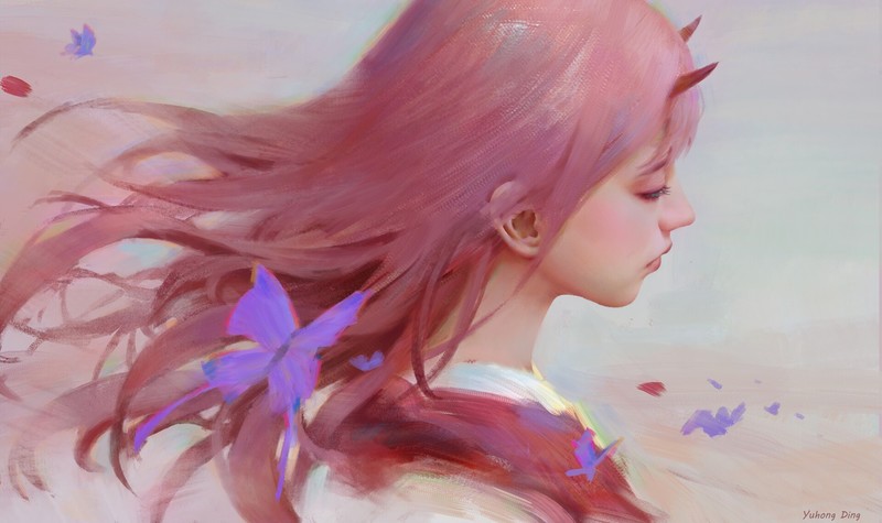 Zero Two (Darling in the FranXX), Darling in the FranXX, anime girls, pink hair, long hair, kimono, butterfly, artwork, digital art, horns, fan art, fantasy girl, make up, Code:002, fantasy art, 00111 (Artist)