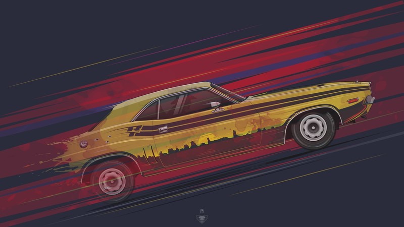 artwork, car, yellow cars, vehicle, Dodge Challenger