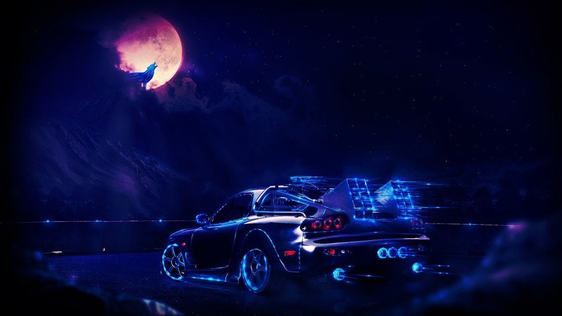 car, neon, Moon, wolf, Back to the Future, digital art, vehicle, blue, Time Machine