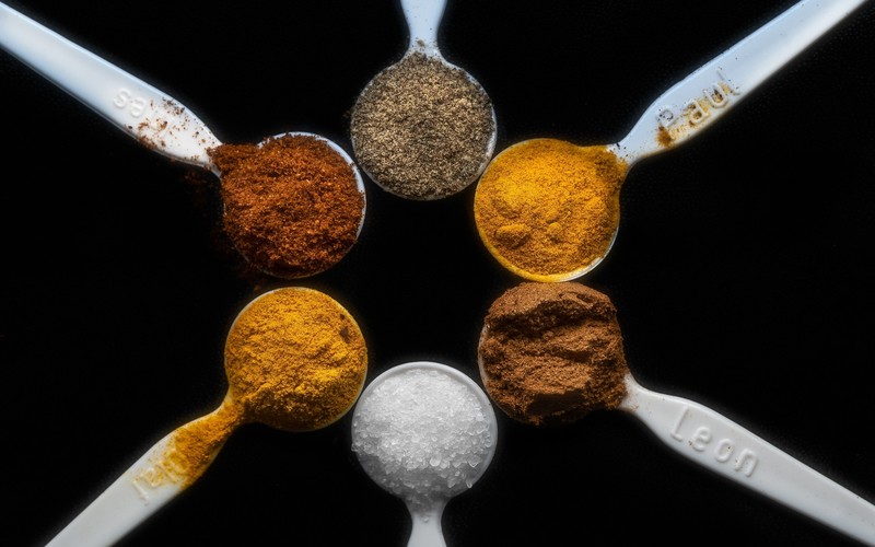 food, spoon, spices, simple background, salt, paprika (spice)