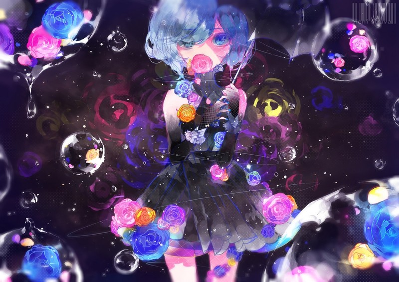 anime, anime girls, short hair, bubble, blue hair, blue eyes, flowers, original characters, umbrella