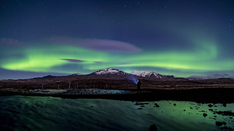 northern lights, aurora, silhouette, mountains, snow, winter, starry sky, night, 4k
