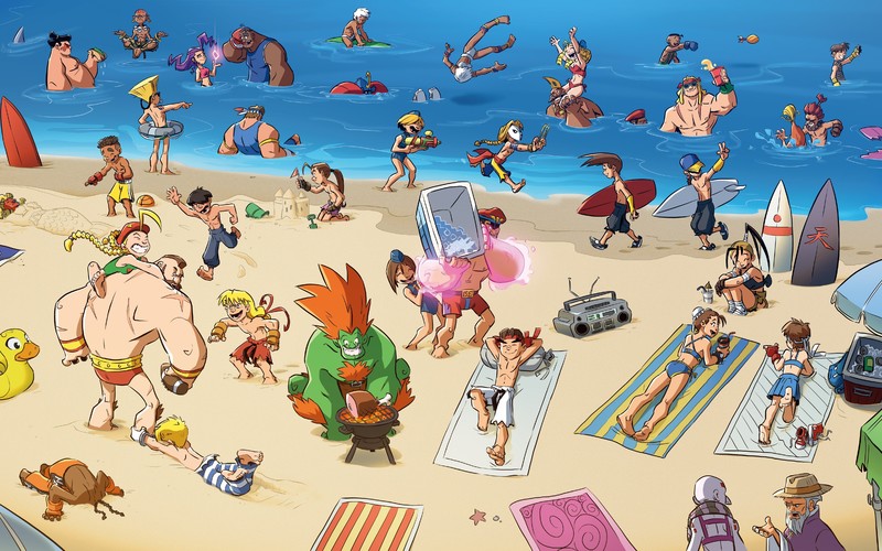 video games, video game art, Street Fighter, beach, Ryu (Street Fighter), Zangief(street fighter), Ken (Street Fighter), Chun-Li, Cammy, Blanka, M. bison, Ibuki (Street Fighter), Vega (Street Fighter), Balrog, Dhalsim, Akuma, sand, group of people