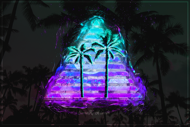 artwork, vaporwave, palm trees, abstract, purple, cyan