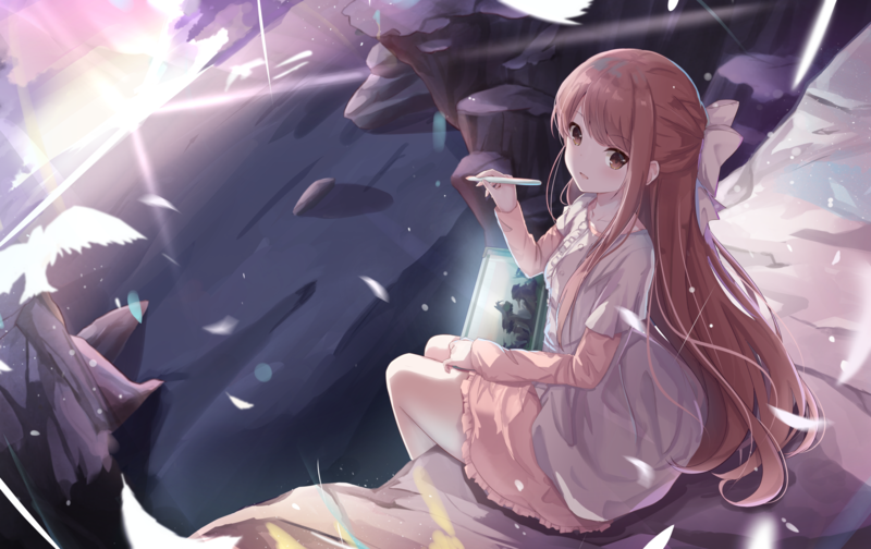 anime, anime girls, long hair, brown eyes, drawing, birds