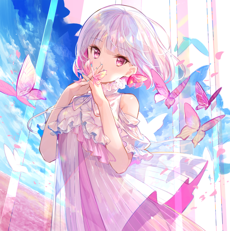 anime, anime girls, sky, white hair, pink eyes, butterfly, original characters