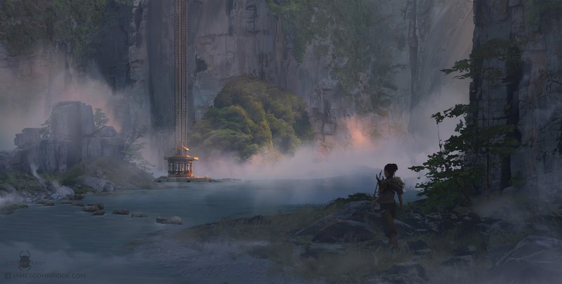 mountains, Chinese architecture, James Combridge, river, stream