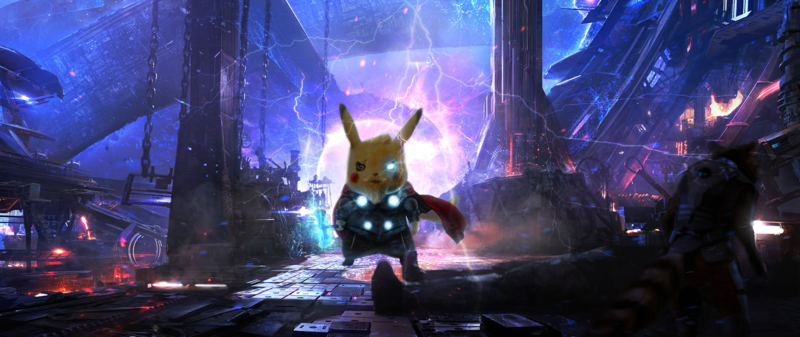 Pikachu, Thor : Ragnarok, Avengers Endgame, Photoshop, anime, lightning, galaxy, Pokémon