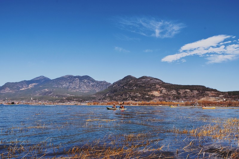 mountains, lake, road, village, landscape, China, Yunnan (China)