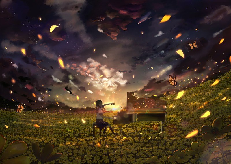 anime, anime sky, anime girls, digital, digital art, artwork, sky, skyscape, nature, flowers, yellow flower, women, dusk, sunset, Sun, sun rays, sunrise, sunlight, landscape, piano, pianists, evening, schoolgirl, butterfly, school uniform