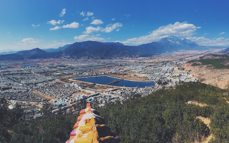 mountains, lake, road, village, landscape, China, Yunnan (China)
