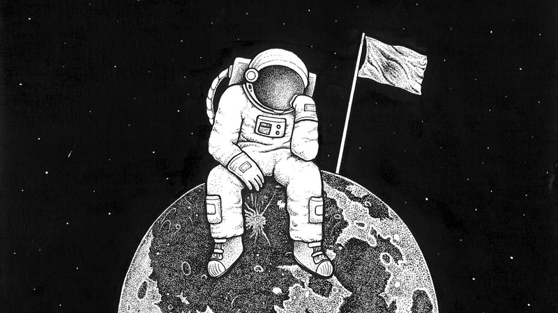 astronaut, space, drawing, artwork, monochrome, planet