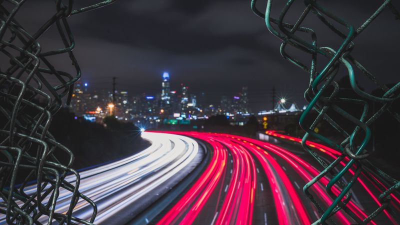 night city, fence, mesh, road, city lights, wire, movement, 4k
