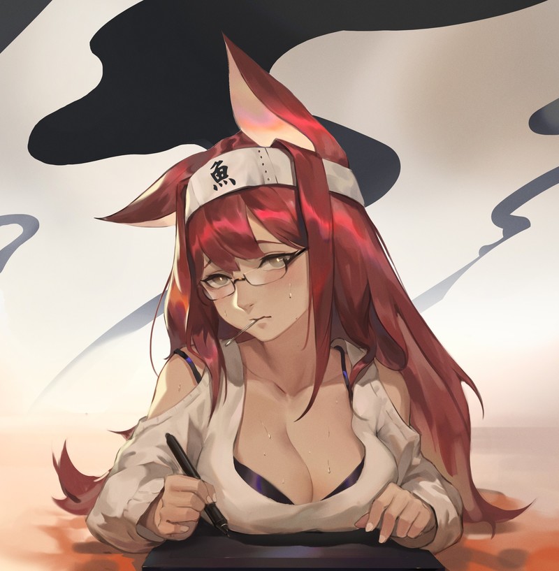 anime girls, animal ears, glasses, redhead, anime