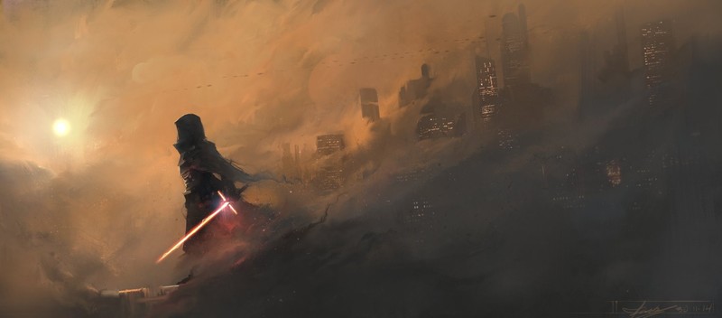 digital art, artwork, laser swords, city, Sun, Star Wars