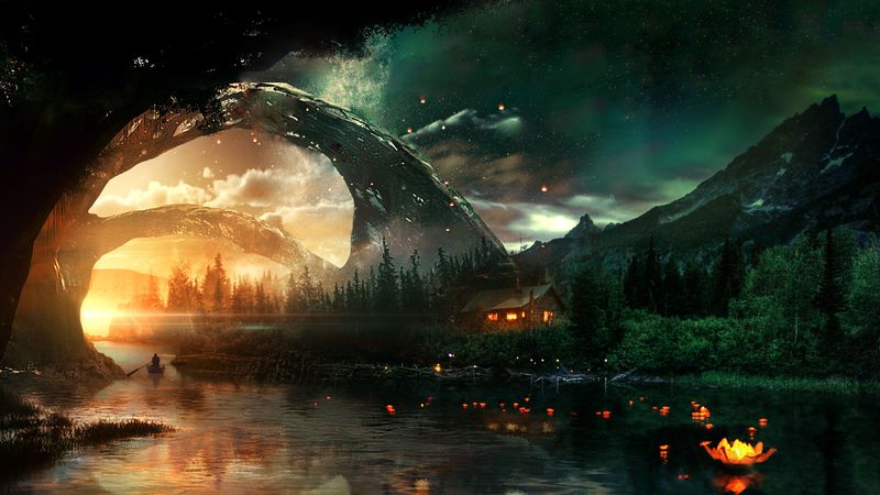river, house, art, night, starry sky, fantastic, 4k