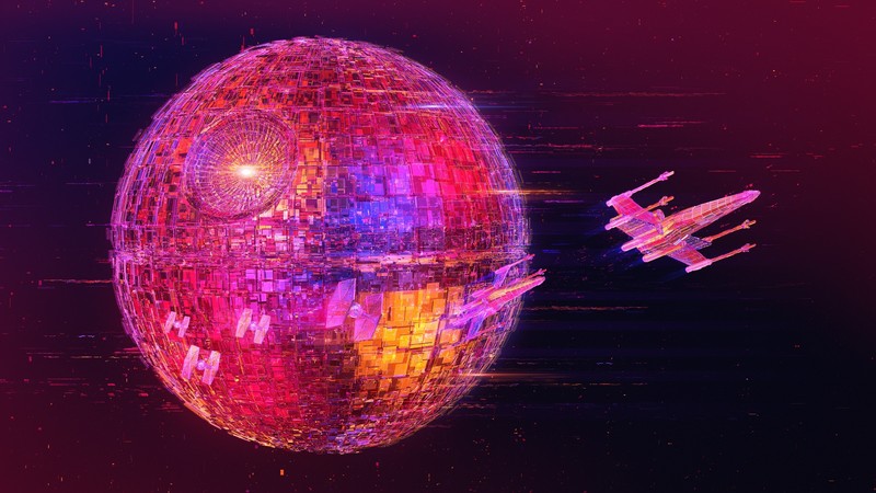 Star Wars, digital art, X-wing, TIE Fighter, Death Star, neon, artwork, science fiction, pink, red, glowing
