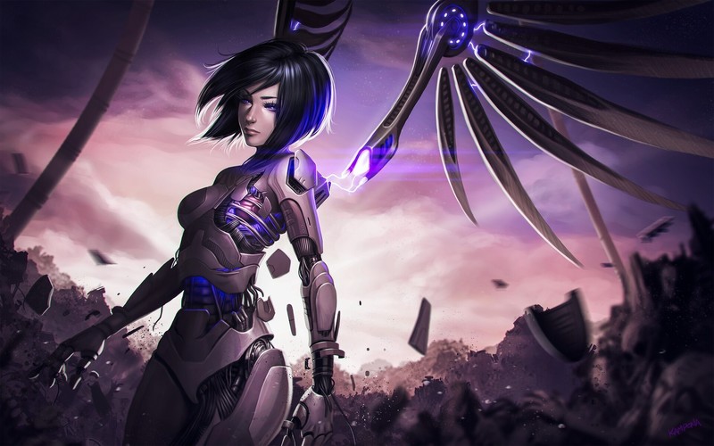 anime girls, cyborg, anime, wings, dark hair, futuristic, purple eyes, Alita: Battle Angel, electric
