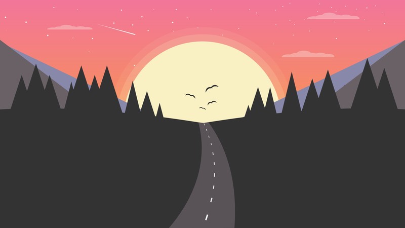 road, clouds, Sun, birds, minimalism, artwork, sky, trees, sunset, stars, illustration, digital art