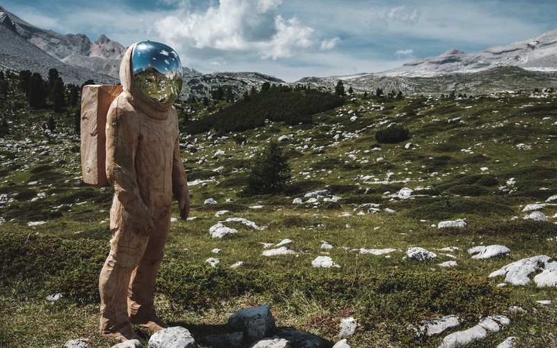 nature, landscape, mountains, wood, statue, reflection, astronaut