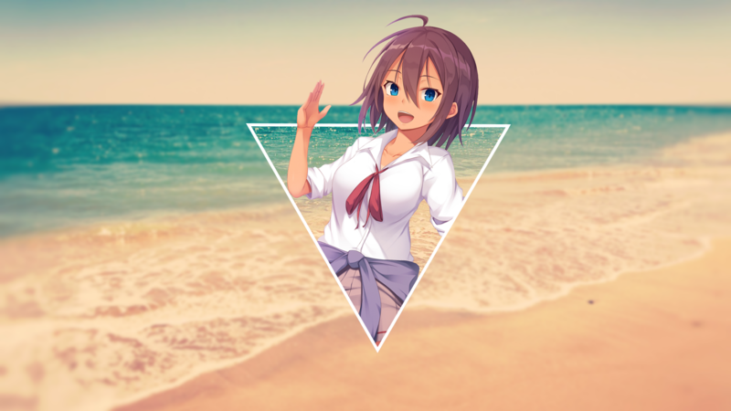 anime, render in shapes, anime girls, beach, blue eyes, open mouth, picture-in-picture