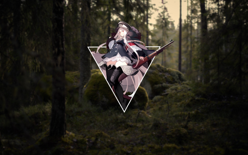 anime, render in shapes, anime girls, rifles, hat