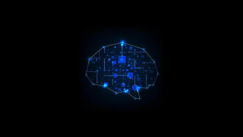 black background, simple, minimalism, digital art, brain, lines, blue, glowing, circuit boards, square, connectivity, electricity, technology