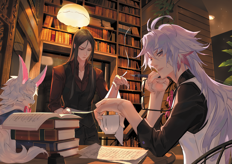 Fate/Grand Order, Male, books, bookcase, glasses, smoking