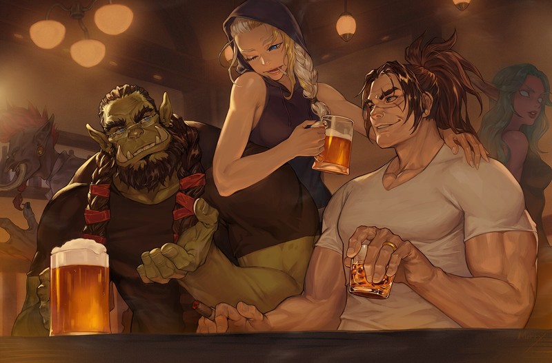 digital art, artwork, video game art, Blizzard Entertainment, Warcraft, Thrall, King Varian Wrynn, Tyrande, Jaina Proudmoore, Voljin, beer