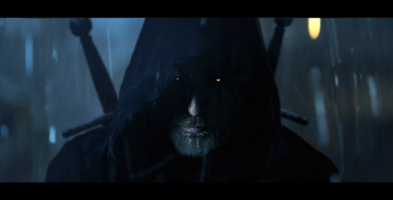 video game art, The Witcher 3: Wild Hunt, The Witcher, Geralt of Rivia, yellow eyes, dark, beard, hoods, fantasy art