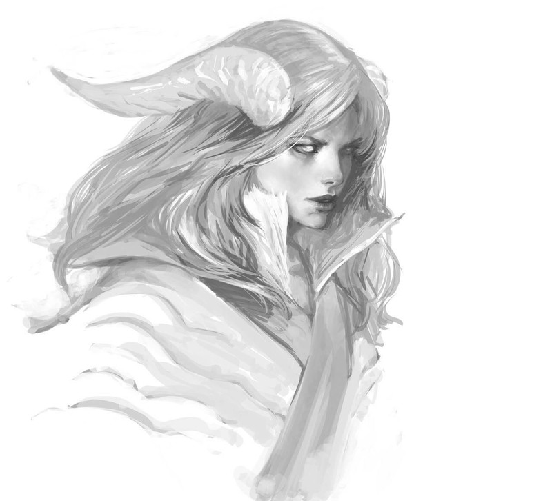 masateru, anime girls, anime, fantasy girl, fantasy art, monochrome, simple background, horns