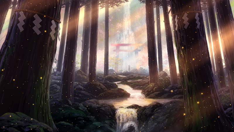 digital art, artwork, forest, trees, landscape, shrine, sunset, fantasy art, torii, sun rays, stream, stones, nature