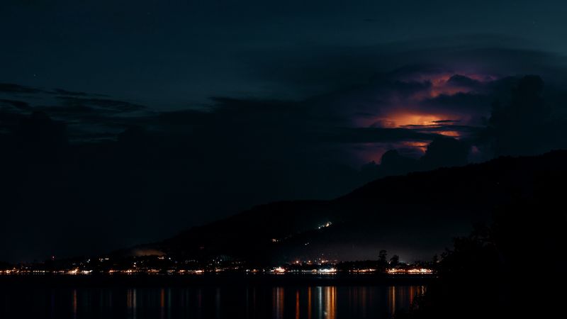 night, sky, clouds, horizon, river, dark, 4k