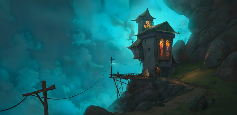 cottage, fantasy art, house, cliff, stained glass, blue, cyan, turquoise